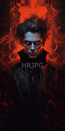 High Resolution: Intense dark-haired man with pale skin and glowing red eyes set against swirling fiery orange-red smoke download. | HRJPG.com