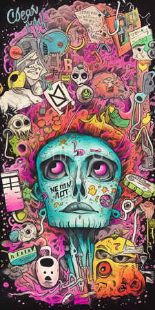 High Resolution: Vibrant intricately detailed blue skull with pink eyes at its center amidst chaotic colorful chaos download. | HRJPG.com