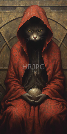 High Resolution: Anthropomorphic cat with yellow eyes wearing a red hooded robe and holding its paws over a silver bowl download. | HRJPG.com