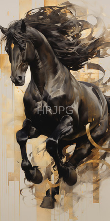 High Resolution: Elegant black horse with flowing mane and muscular build galloping dynamically against abstract geometric patterns download. | HRJPG.com
