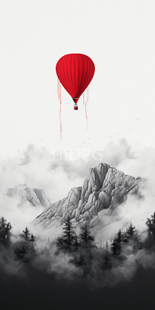 High Resolution: Vibrant red hot air balloon with dangling ropes floating above misty mountains and dense evergreen forests download. | HRJPG.com
