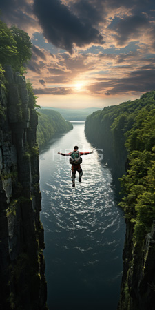 High Resolution: Adventurer with outstretched arms and parachute mid-jump from rocky cliffs into a narrow river canyon at sunset download. | HRJPG.com