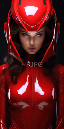 High Resolution: Attractive young woman with fair skin and blue eyes wearing a shiny red latex suit and matching glossy helmet download. | HRJPG.com