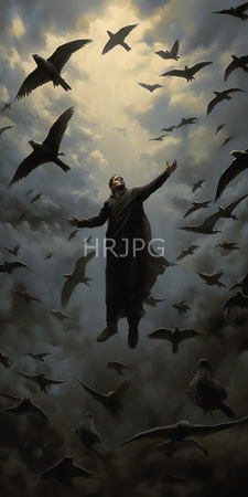 High Resolution: Ethereal scene featuring a bearded man in dark flowing robes floating among numerous black birds against a cloudy sky download. | HRJPG.com