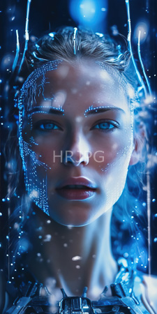 High Resolution: Ethereal blue-lit close-up portrait featuring a young woman with striking light-blue eyes gazing through transparent ice-like structures download. | HRJPG.com