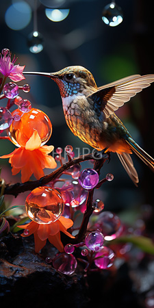 High Resolution: Iridescent hummingbird with green blue and orange feathers perched on dark branches adorned with vibrant pink flowers download. | HRJPG.com
