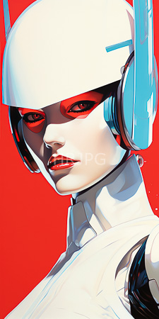 High Resolution: Androgynous pale-skinned humanoid robot with red lips against a bright crimson background download. | HRJPG.com
