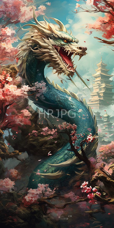 High Resolution: Imposing blue-scaled dragon with white horns roaring amidst vibrant pink cherry blossoms in full bloom download. | HRJPG.com