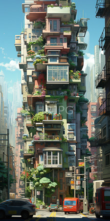 High Resolution: Intricately layered towering urban building with numerous colorful balconies and greenery-filled terraces against a bright blue sky download. | HRJPG.com