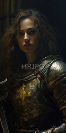 High Resolution: Intense curly-haired woman with fair skin and dark eyes in ornate medieval armor holding a sword's hilt download. | HRJPG.com