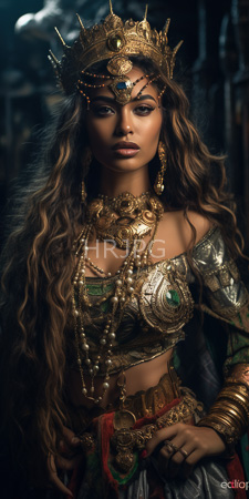 High Resolution: Exotic dark-skinned woman with long wavy brown hair wearing ornate gold and green jewelry and a metallic off-shouldered top download. | HRJPG.com
