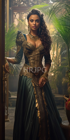 High Resolution: Attractive woman with long curly brown hair wearing ornate Renaissance-style clothing featuring gold embroidery on her dark blue dress download. | HRJPG.com