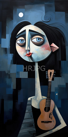 High Resolution: Abstract stylized female figure with pale blue skin and large expressive eyes gazing upward at a full moon in a dark sky download. | HRJPG.com