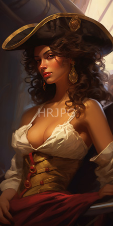 High Resolution: Attractive dark-haired woman with curly locks wearing a large tricorn hat and pirate attire download. | HRJPG.com