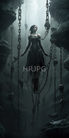 High Resolution: Ethereal dark-haired woman in Victorian-style black lace dress suspended by chains within a dim cavernous space download. | HRJPG.com