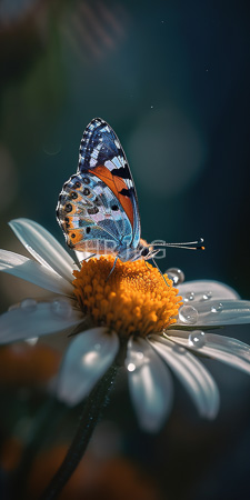 High Resolution: Orange and blue butterfly with black spots perched on vibrant yellow daisy center surrounded by white petals download. | HRJPG.com