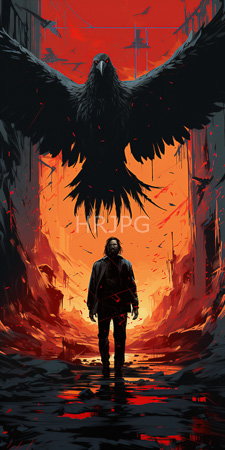 High Resolution: Ominous scene featuring a silhouetted figure facing away towards a large black crow dominating a red-orange sunset sky download. | HRJPG.com