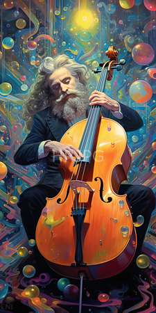 High Resolution: Elderly man with long curly gray hair and beard playing cello in vibrant colors against a swirling blue background download. | HRJPG.com