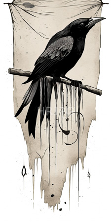 High Resolution: Monochromatic sepia drawing of an intricately detailed black crow perched on a thin branch hanging from tattered fabric download. | HRJPG.com