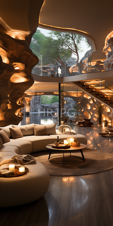 High Resolution: Opulent modern living room with organic rock-like wall textures illuminated by warm lights download. | HRJPG.com