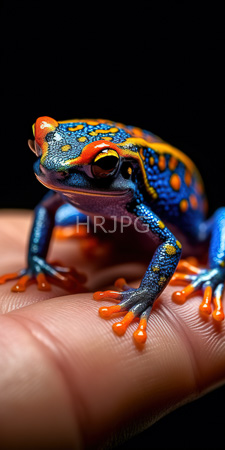 High Resolution: Iridescent colorful frog with vivid blue skin adorned in orange and yellow spots perched on human fingers download. | HRJPG.com