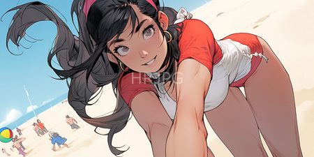 High Resolution: Anime-style drawing of an attractive young woman with long black hair wearing red and white sports top and shorts on a sandy beach download. | HRJPG.com