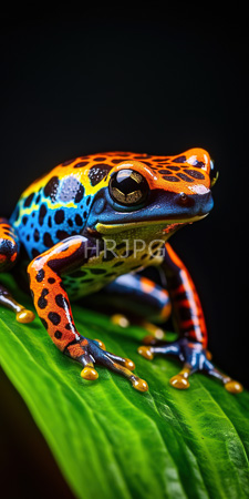 High Resolution: Intricately patterned vibrant red and blue poison dart frog with black spots perched on bright green leaf download. | HRJPG.com