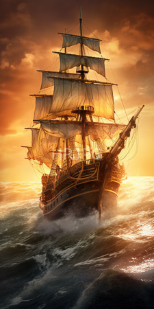 High Resolution: Ornate wooden pirate ship with billowing white sails navigating turbulent waves during sunset download. | HRJPG.com