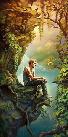 High Resolution: Athletic blonde man in a gray tank top sitting on rocky cliffs surrounded by lush greenery under golden sunlight download. | HRJPG.com