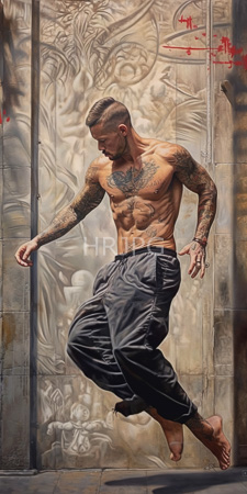 High Resolution: Athletic tattooed man with short brown hair jumping mid-air against textured metallic walls download. | HRJPG.com