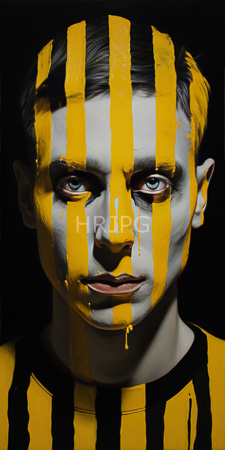 High Resolution: Androgynous person with short dark hair and face painted in vertical yellow stripes resembling prison bars download. | HRJPG.com