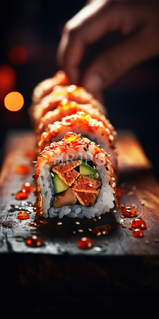 High Resolution: Elegantly arranged sushi roll featuring salmon and avocado with crispy tempura flakes topped by sesame seeds download. | HRJPG.com