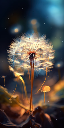 High Resolution: Illuminated dandelion clock against a blurred dark blue and green background with bokeh light effects download. | HRJPG.com