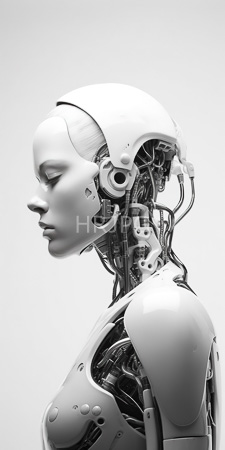 High Resolution: Intricately detailed monochromatic humanoid robot in profile view against a plain gray background download. | HRJPG.com