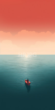 High Resolution: Isolated red rowboat with one person seated in calm teal ocean waters under gradient sky download. | HRJPG.com