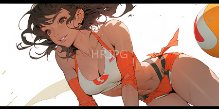 High Resolution: Anime-style illustration of an athletic tan-skinned woman playing beach volleyball in orange and white sports bra and shorts download. | HRJPG.com