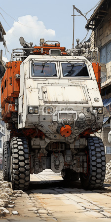 High Resolution: Oversized rugged robotic vehicle with white and orange panels on a narrow urban street lined by old buildings download. | HRJPG.com
