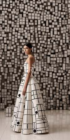 High Resolution: Elegant woman with dark skin and black hair in a sleek updo wearing a strapless white gown adorned with geometric patterns download. | HRJPG.com
