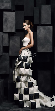 High Resolution: Elegant woman with light skin and brown hair in a sleek bun wearing a strapless white gown adorned with black geometric squares download. | HRJPG.com