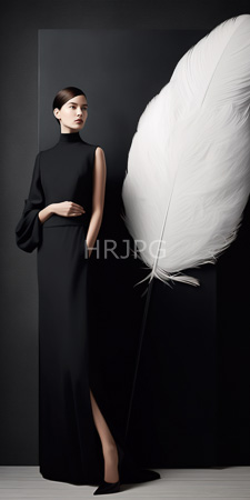 High Resolution: Elegant woman with fair skin and dark brown hair wearing a sleeveless black turtleneck dress revealing one leg download. | HRJPG.com