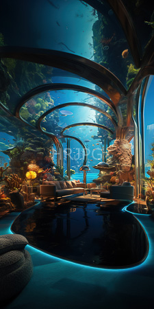 High Resolution: Underwater-themed living room with curved glass-paneled ceilings and walls adorned in coral reefs download. | HRJPG.com