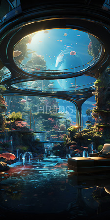 High Resolution: Futuristic glass-domed indoor garden with lush greenery and waterfalls cascading into reflective pools below download. | HRJPG.com
