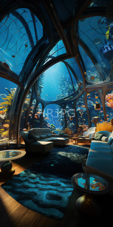High Resolution: Underwater-themed living room with curved glass-paneled walls revealing colorful coral reefs and fish outside download. | HRJPG.com