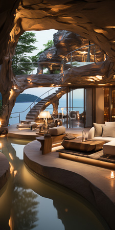 High Resolution: Opulent cave-like indoor living space with organic rock formations and soft lighting download. | HRJPG.com