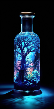 High Resolution: Illuminated glass bottle containing a miniature glowing forest scene with a dark tree at its center download. | HRJPG.com