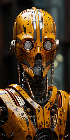 High Resolution: Intricately detailed yellow and orange metallic robot with cracked paint patterns and large round eyes behind glass lenses download. | HRJPG.com