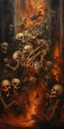 High Resolution: Oil painting depicting a chaotic hellish scene filled with numerous human skulls and skeletal figures entangled in dark flames download. | HRJPG.com