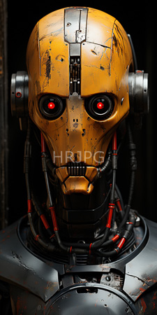 High Resolution: Intricately detailed weathered yellow robotic head with red glowing eyes and blackened mechanical features download. | HRJPG.com