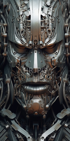 High Resolution: Intricate metallic humanoid face composed entirely from complex machinery and industrial components like pipes gears download. | HRJPG.com