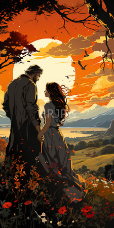 High Resolution: Elderly man and young woman holding hands standing in vibrant red-orange flower-filled meadow at sunset download. | HRJPG.com